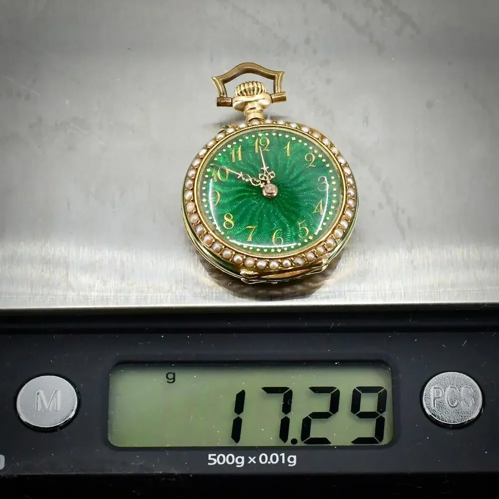Antique 14K Gold Green Guilloche Enamel Ladies Pendant Watch & Pin Set - NW